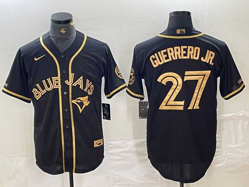 Mens Toronto Blue Jays #27 Vladimir Guerrero Jr Black Gold Cool Base Stitched Baseball Jersey